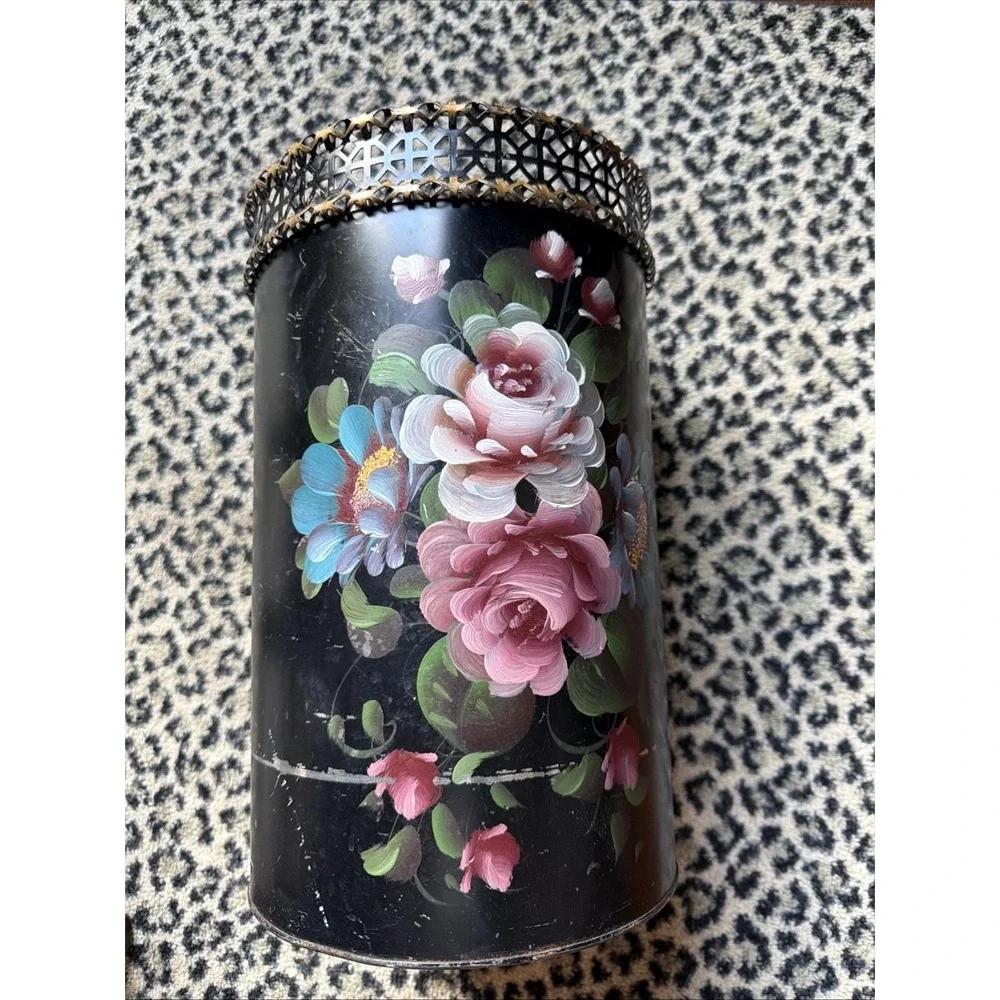VTG Hand Painted Floral Metal Wastebasket Black Pierced Lattice Toleware Worn!